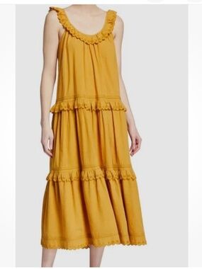 THE GREAT. Eyelet Magnolia Cotton Tiered Midi Dress Small Relaxed Boho Feminine